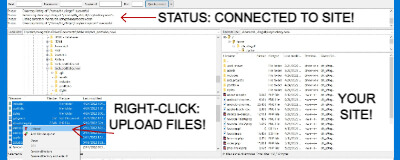 FileZilla displaying local files on the left and hosted files on the right.