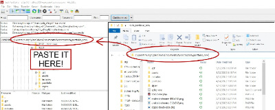 File Explorer with an arrow pointing to the Local Site field in FileZilla where the path should be pasted.