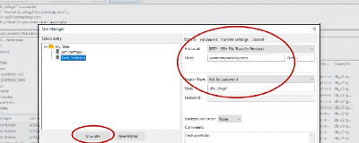 FileZilla Site Manager tool with New Site and Settings circled.