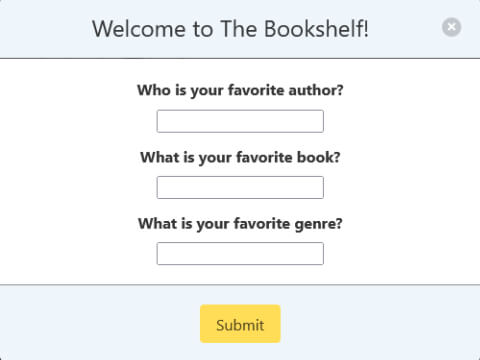 Screenshot of a website with books and reviews, currently displaying a form to save favorite searches.