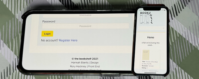 Mobile view of The Book Shelf on a small iPhone sitting on a patterned background.