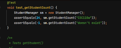 Unit tests for the getStudent and getStudentCount methods of StudentManager.