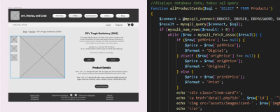 A grayscale website design in Figma on the left and PHP and HTML code on a black background on the right.