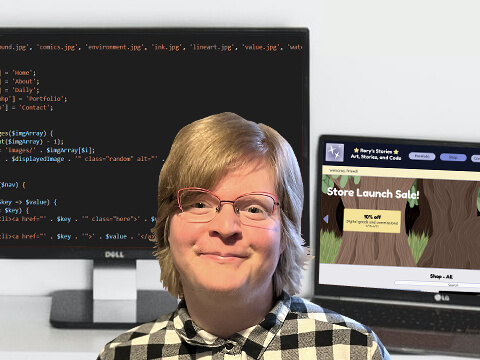 Photo of Rory Hackney over a background of a nice desk set up with a computer displaying code and a website design.