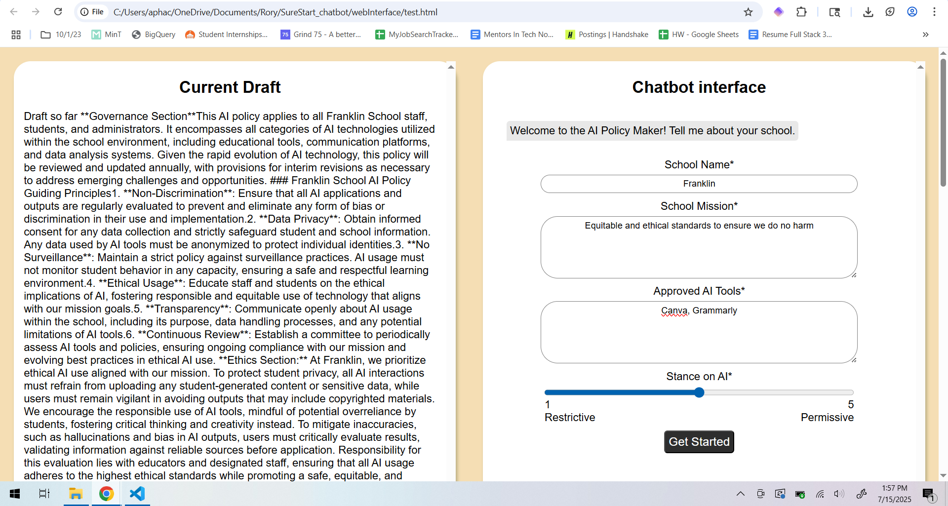 Screenshot showing a generated AI school policy next to a form asking for the school's name, mission, approved AI tools, and stance on AI