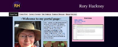 Screenshot of a website built with PHP, showing a photo of Rory and links to various pages