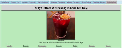 Webpage displaying daily coffee, in this case iced tea, using PHP to dynamically change content.