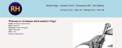 Web page showing dinosaur information and images using PHP and SQL to connect a database.