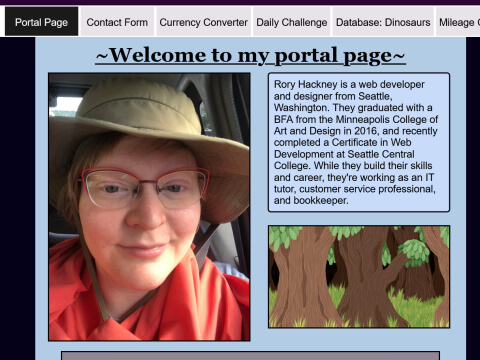 Screenshot of a website built with PHP, showing a photo of Rory and links to various pages.