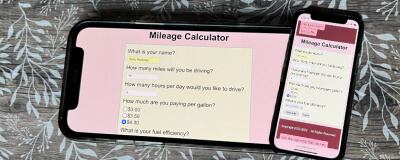 Mobile version of a mileage calculator form that checks for input errors, then displays information.