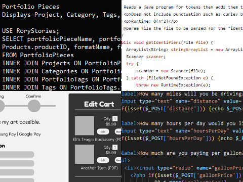 Various images of projects, including HTML and PHP code, visual web design made in Figma, tables from a relational database, and SQL code.