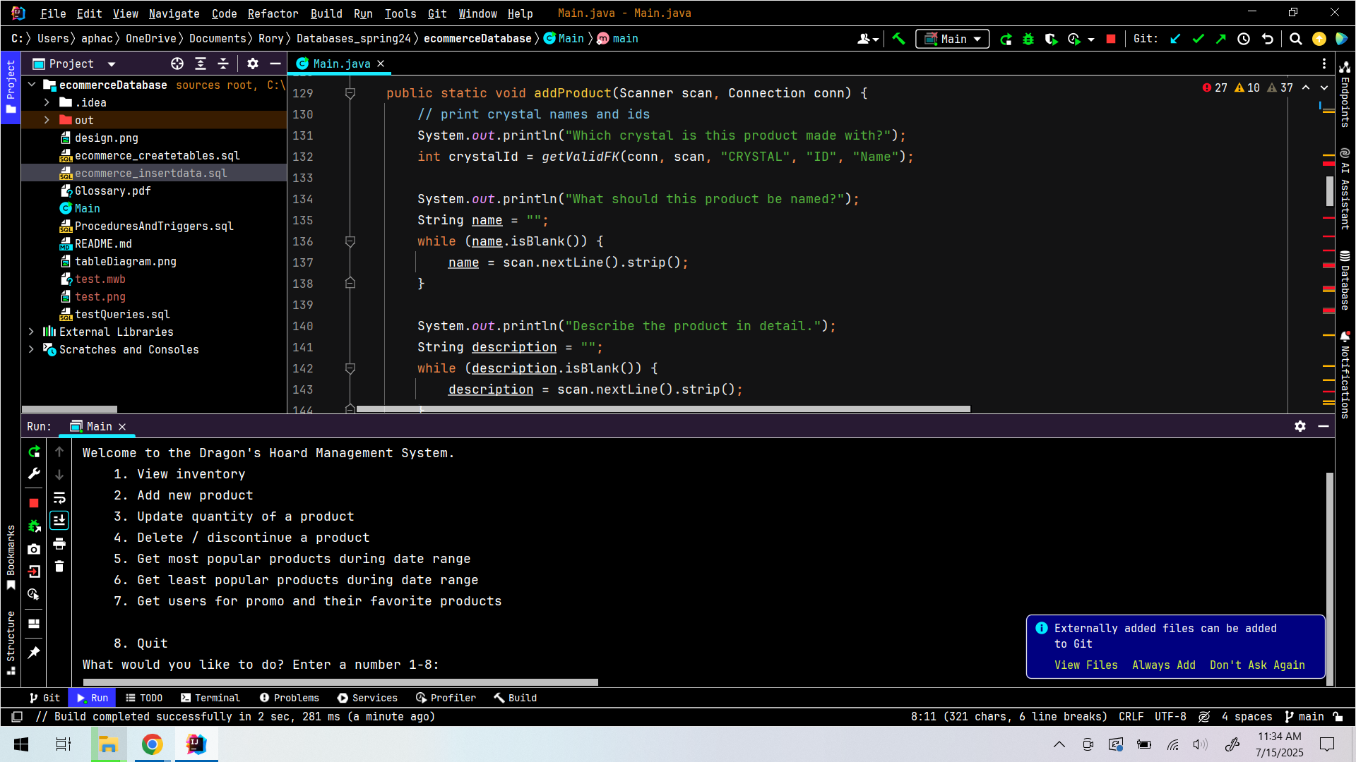 The Java program shows the menu: View Inventory, Add Product, Change Quantity, Delete Product, Get Most/Least Popular Products, Get Users Favorite Products For Promo
