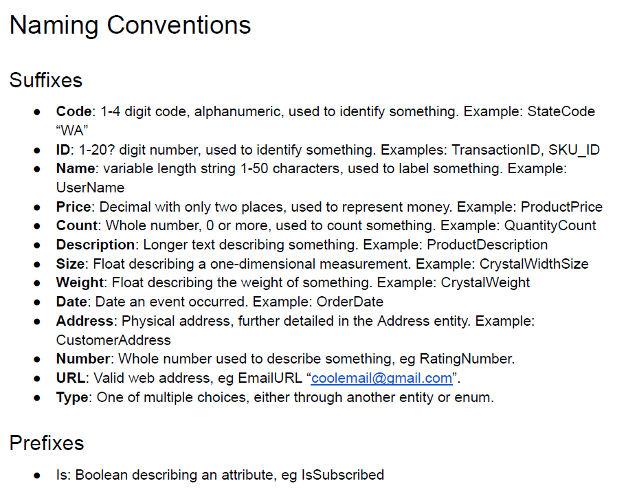 Preview of glossary, showing naming conventions with suffixes such as ID and Name