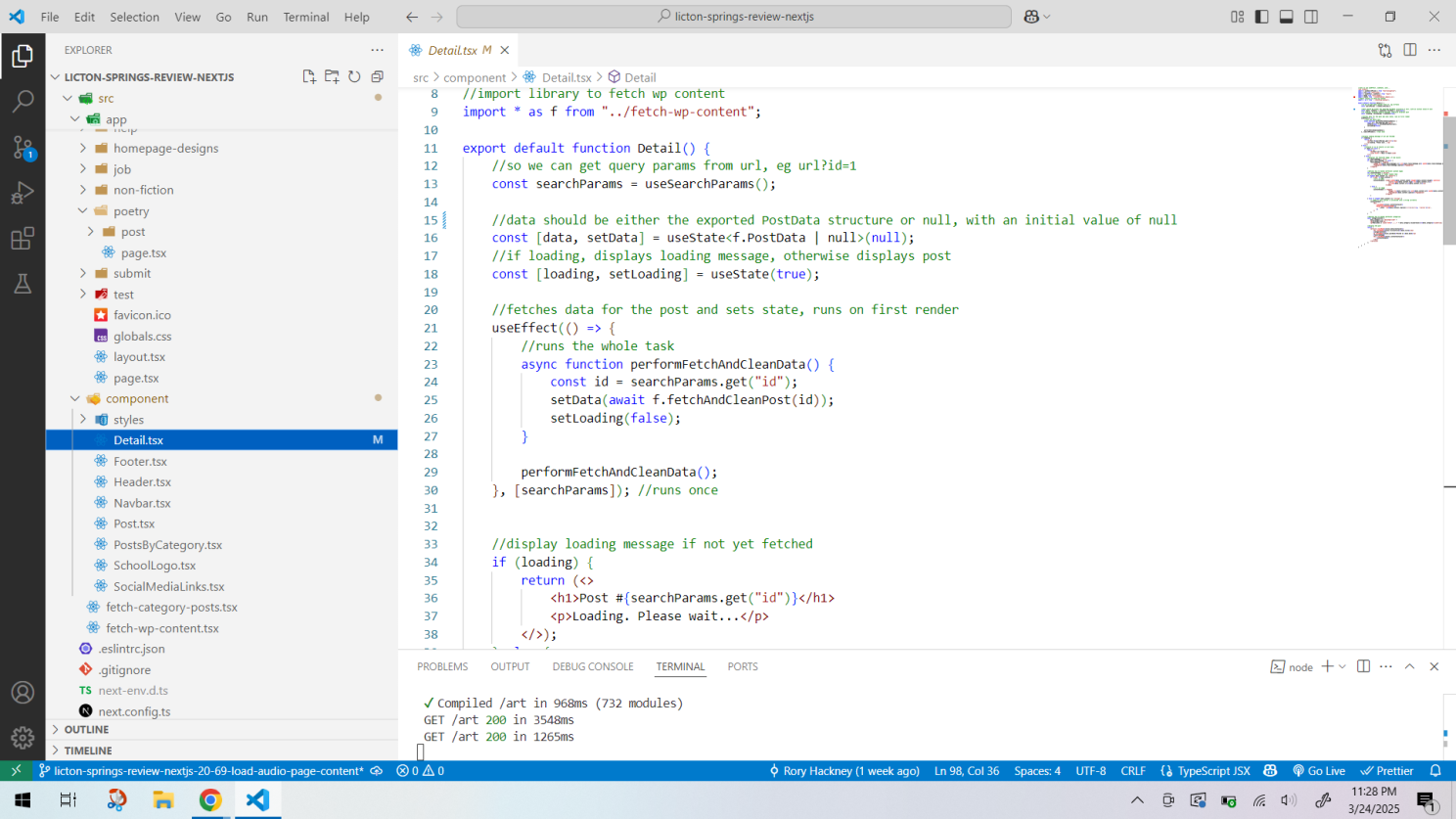 Detail component, which retrieves a post's content from WordPress using the GET title parameter and turns it into valid HTML.