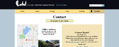 The refined final website, showing the contact page with a map and instructions for contacting the massage therapist.