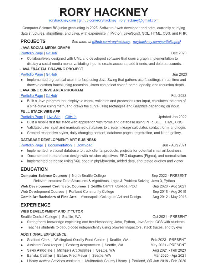 Rory Hackney's Software Developer Resume, showing education, projects, and experience