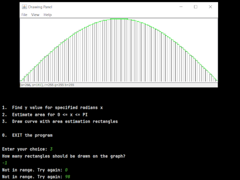 A menu in the console showing results and asking for a new menu selection.