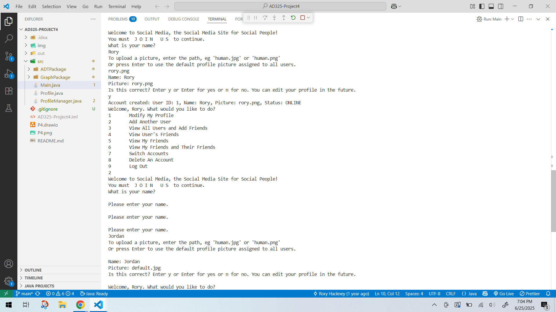 Output of the program, showing a menu and user input and results for creating a Profile.