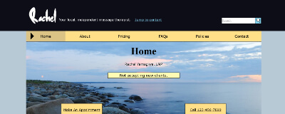 Screenshot of a massage therapist's website, displaying a tranquil image of water near a rocky shore.