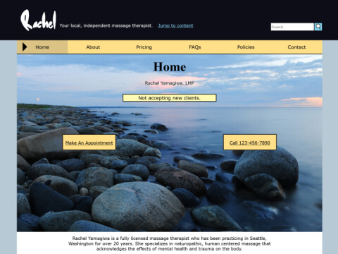 Screenshot of a website I built for a massage therapist, featuring serene water and stone imagery and easy to find information for clients.