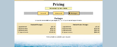 The refined final website, showing pricing and package information for uninsured clients.