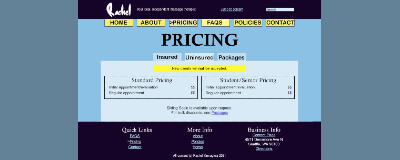 Visual design of the massage website's pricing pagea with the blue and yellow color scheme that was chosen.