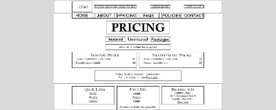 Wireframe diagram for the pricing page built on a 960 pixel grid for a massage website.